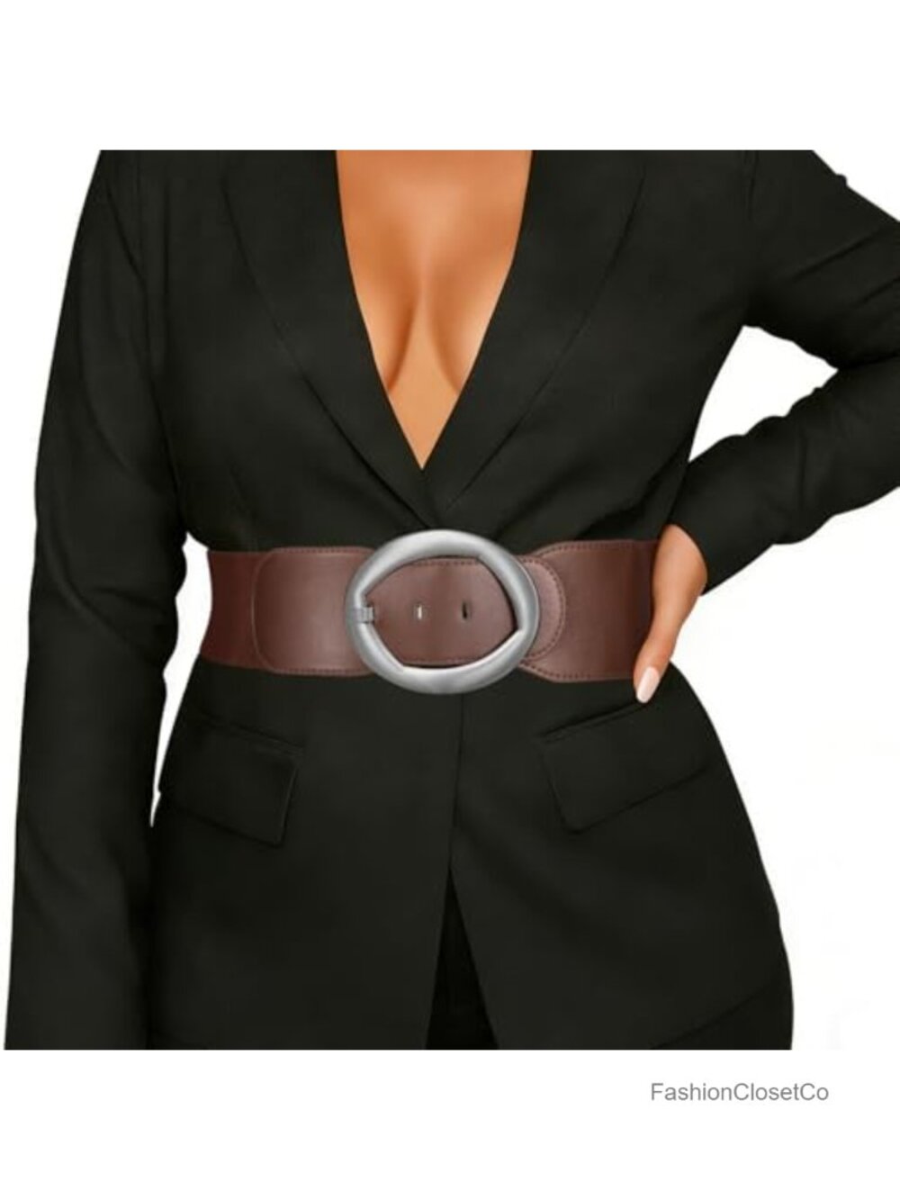 Wide Stretchy Waist Belt Faux Leather Oval Gold Buckle 3 Inch Elastic Dresses